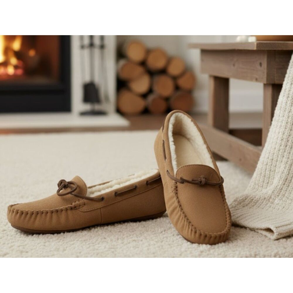 Eddie Bauer Moccasins Brown Suede Loafers Sherpa Lined Womens Size 9